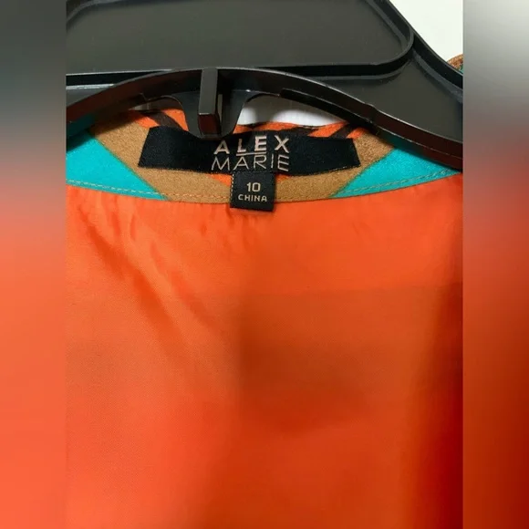 Alex Marie Sleeveless Button Front Waist Tie Mini Dress, Orange and Blue Size 10 - Picture 5 of 6